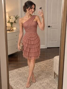 BCBGMAXAZRIA Ella Dusty Rose One Shoulder Pleated Tiered Ruffle Dress Sz 2